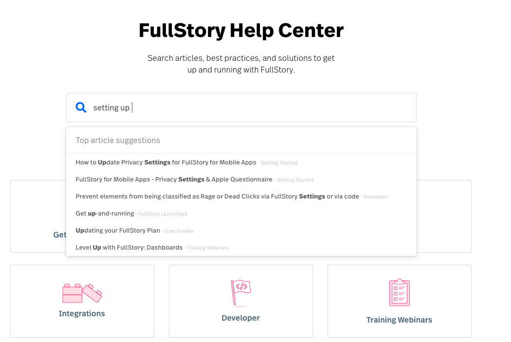 capture d’écran d’un centre d’aide fondé sur l’IA de FullStory