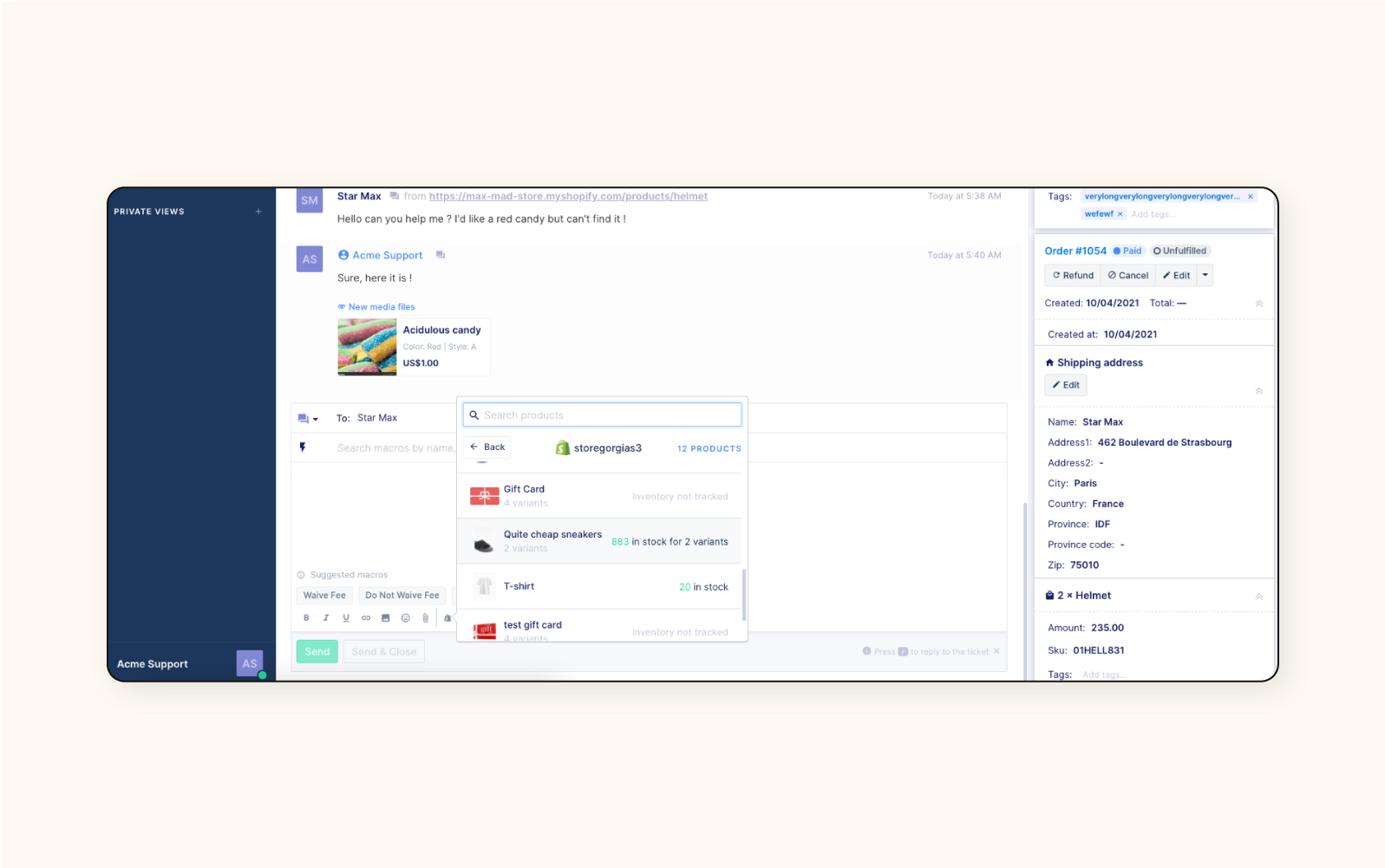 A support conversation in Gorgias, an automated help desk software
