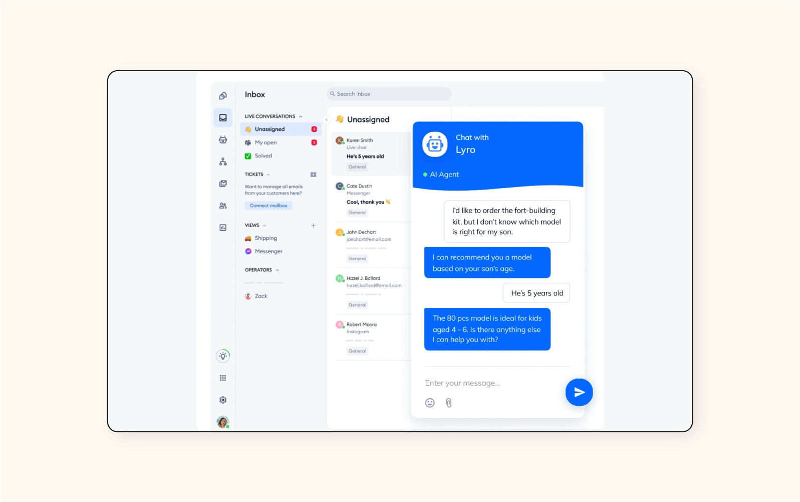 A live conversation in Tidio, an automated help desk software