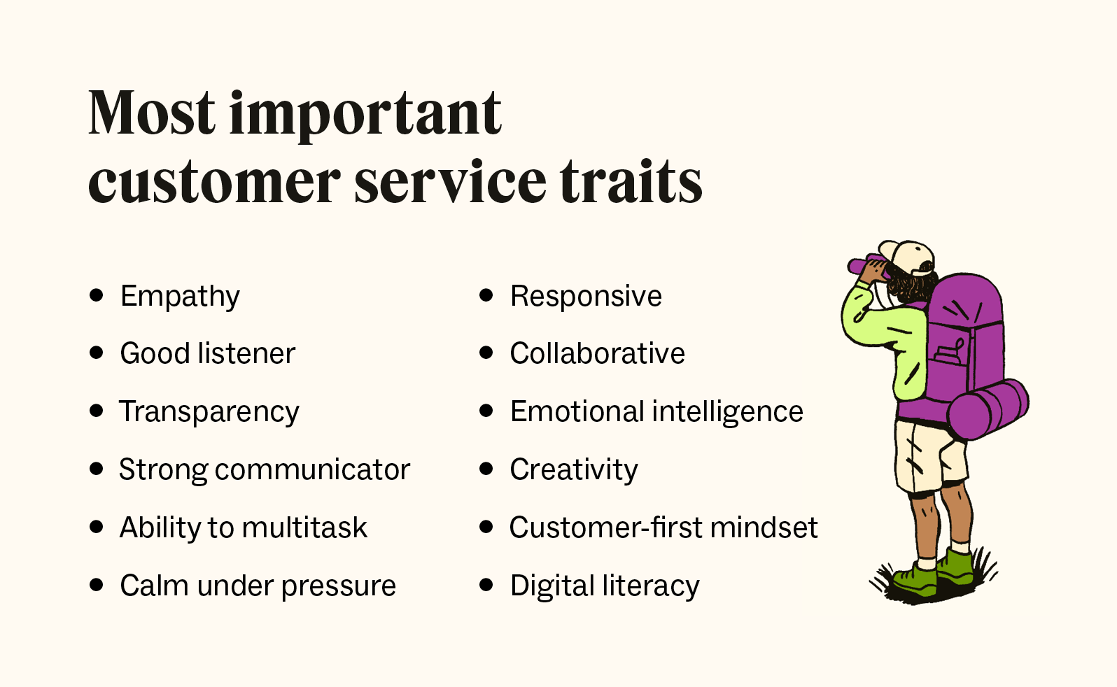 A bulleted list details key customer service traits.