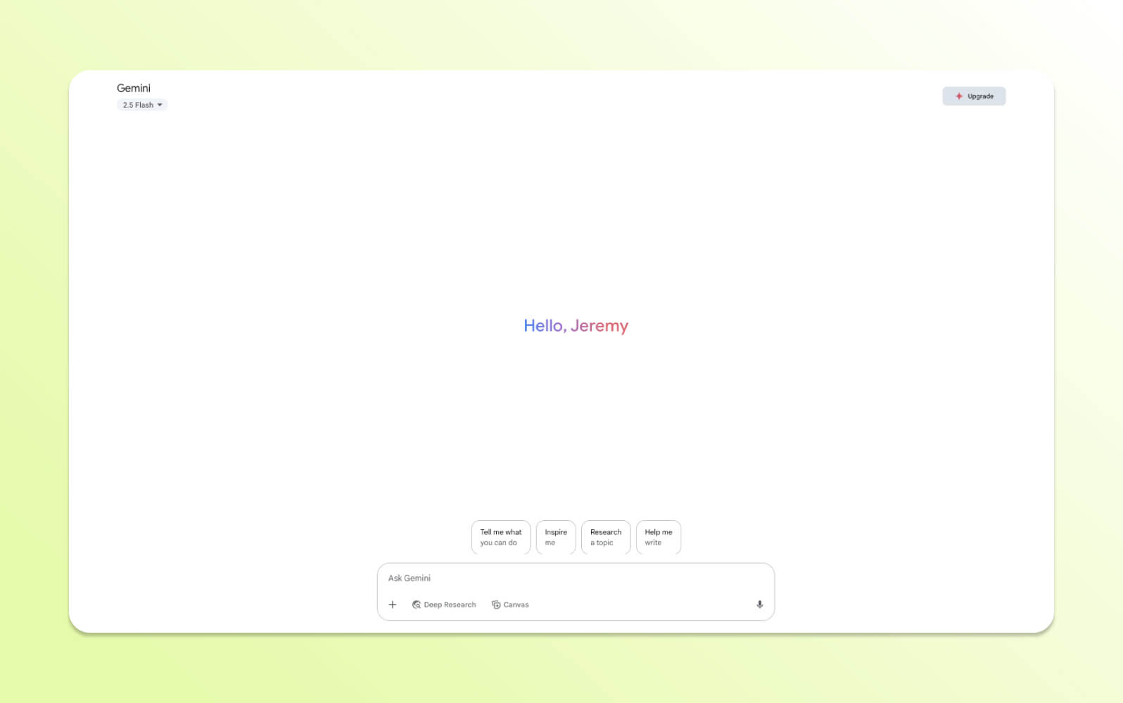 Interfaz del chatbot con IA Gemini muestra 'Hola, Jeremy' y sugerencias de indicaciones.