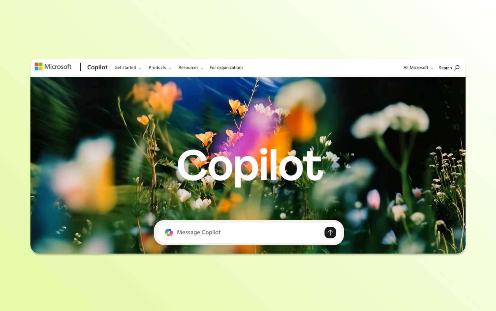Página de inicio de Microsoft Copilot, un chatbot con IA destacado, presenta 'Copilot' sobre flores silvestres.