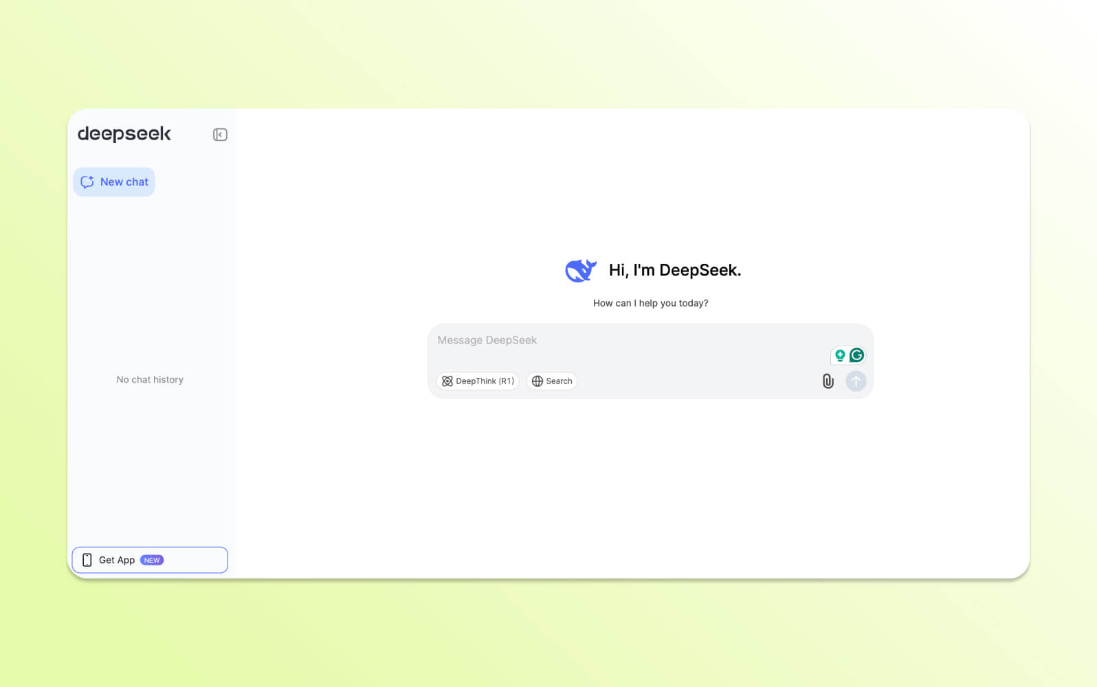 Interfaz limpia de DeepSeek, mostrando 'Hola, soy DeepSeek.' y un área de entrada de mensajes, representando un chatbot con IA.