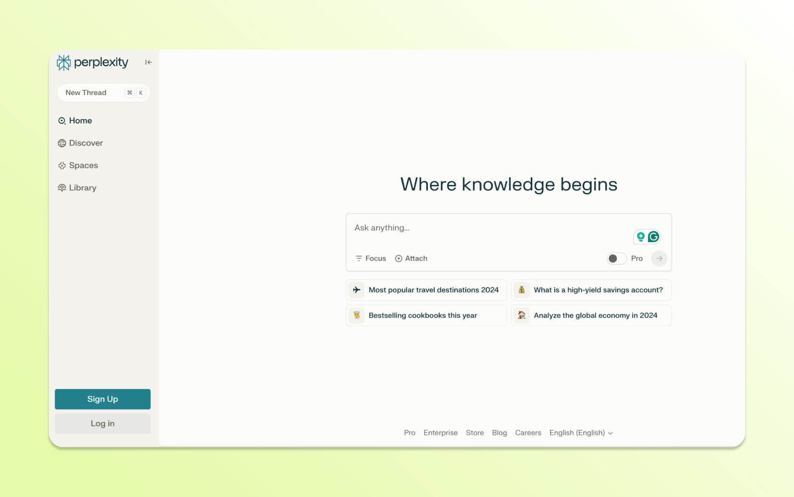 Interfaz limpia de Perplexity con 'Donde comienza el conocimiento' e indicaciones de búsqueda de ejemplo, demostrando un chatbot con IA destacado.