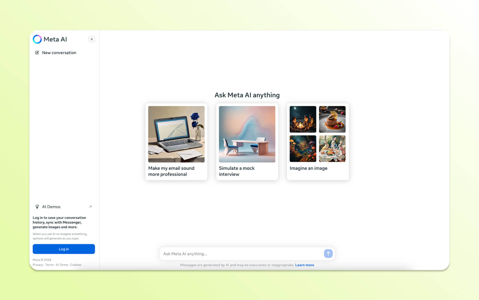 Pantalla de inicio del chatbot con IA Meta AI con generación de imágenes e iniciadores de conversación, mostrando los mejores chatbots con IA.