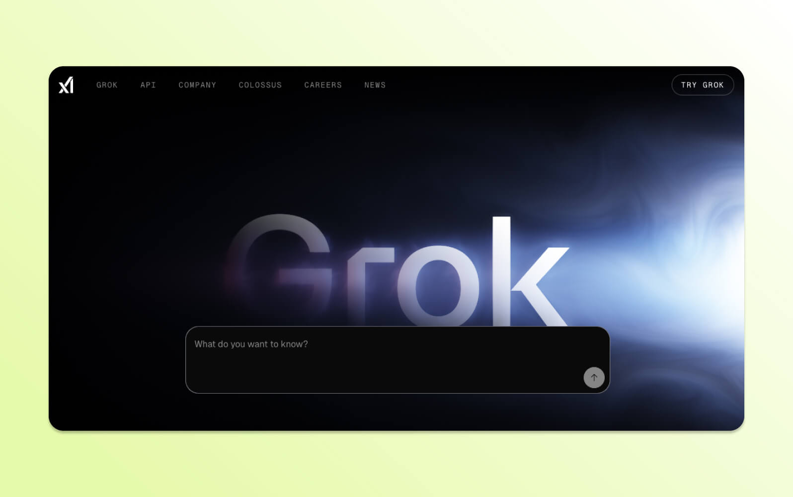 Interfaz oscura del chatbot con IA Grok con un campo de entrada central preguntando '¿Qué quieres saber?'.