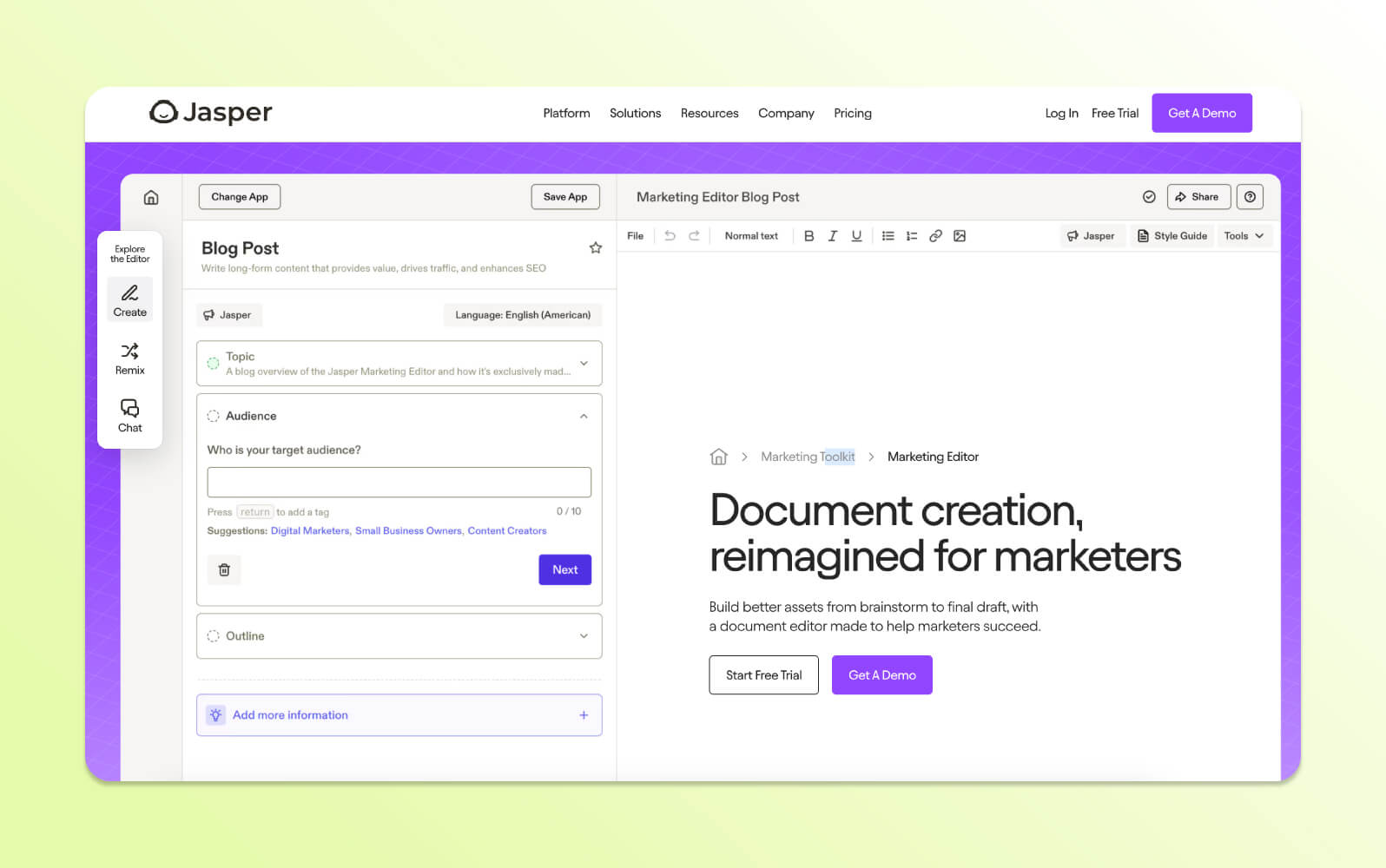 Editor de marketing de Jasper Chat, una plataforma para chatbots con IA que asisten la creación de contenido.