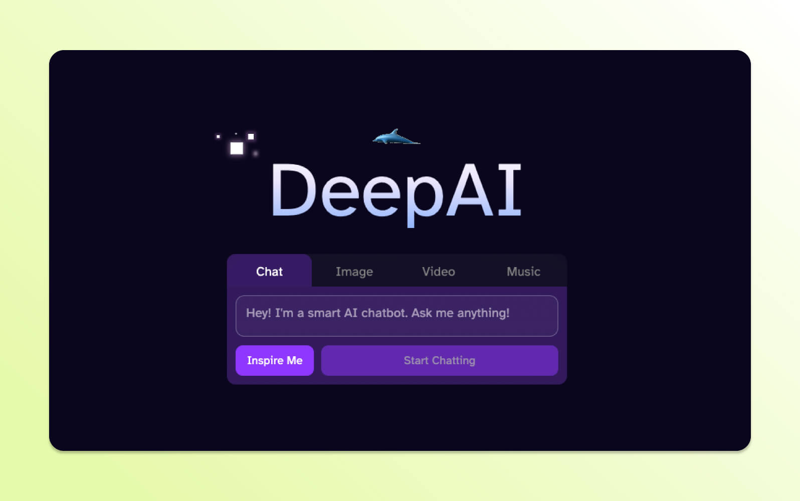 Interfaz oscura de DeepAI mostrando opciones de chat, imagen, video y música para un chatbot con IA.