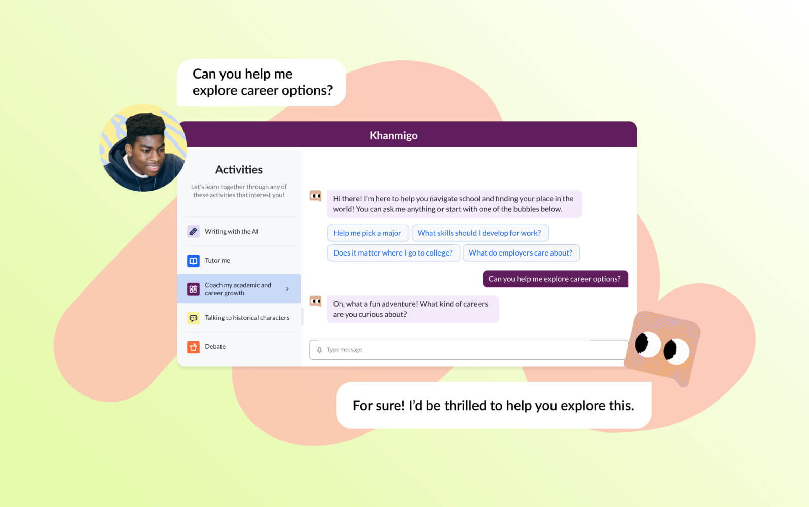 Interfaz de asistencia académica de Khanmigo, demostrando un chatbot con IA útil.