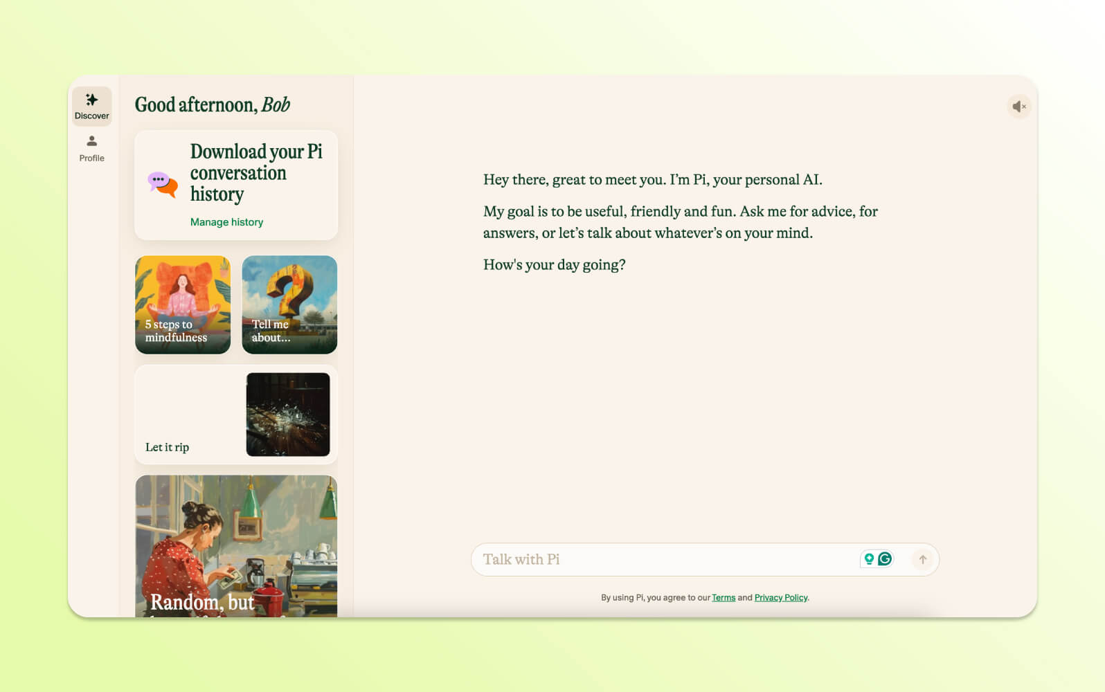 Interfaz del chatbot con IA personal Pi saludando 'Buenas tardes, Bob' con iniciadores de conversación.