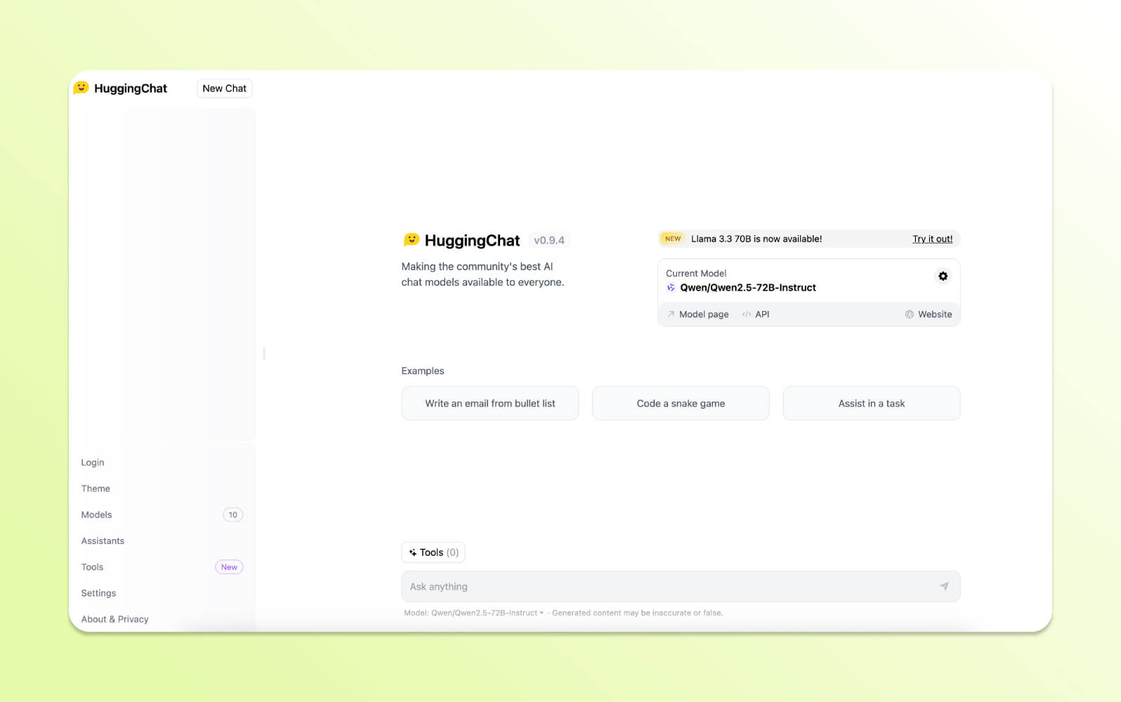 Interfaz de HuggingChat, ofreciendo múltiples modelos para los mejores chatbots con IA de la comunidad.