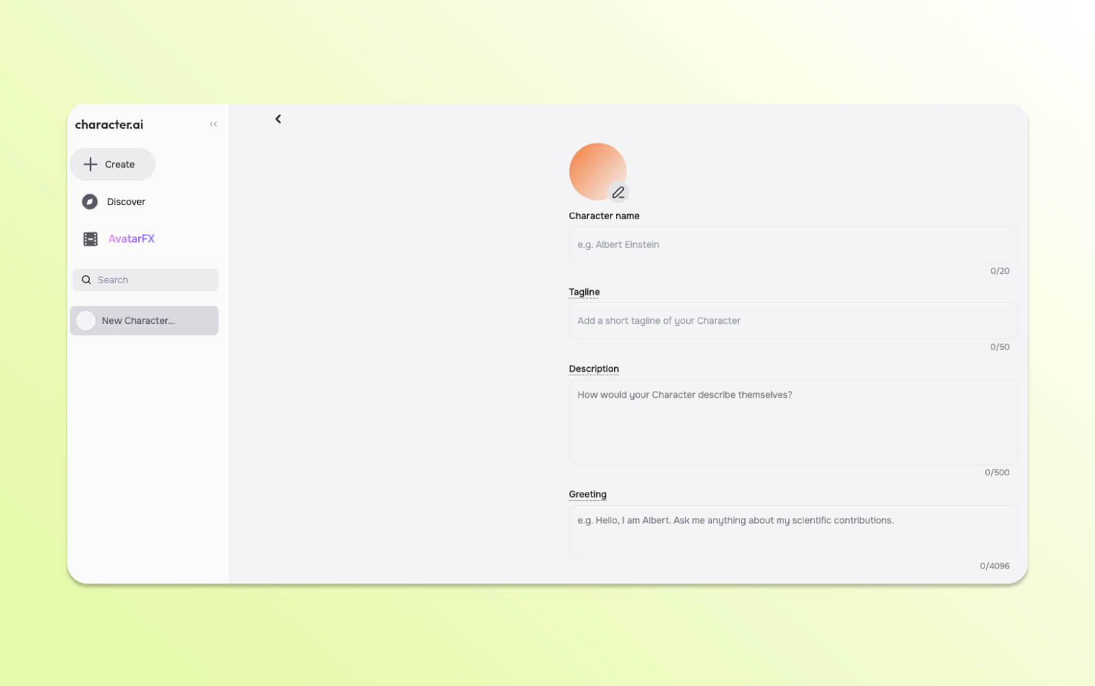 Interfaz de Character.AI para crear chatbots con IA personalizados con campos para nombre y descripción.