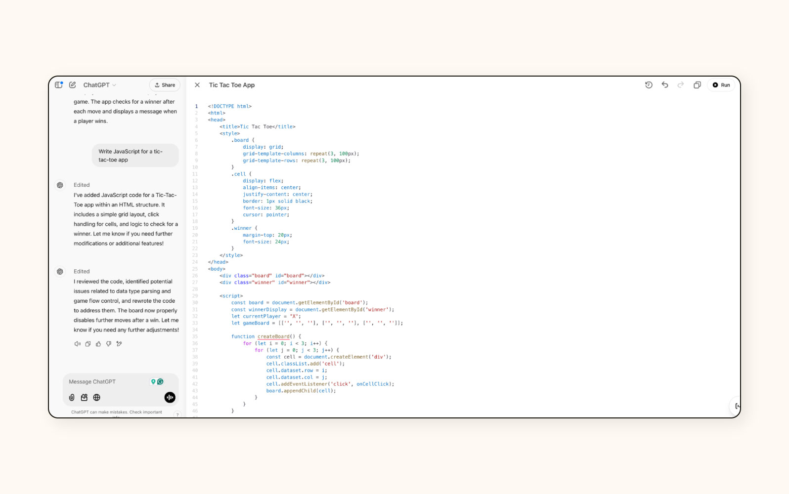 Code creation functionality in ChatGPT.