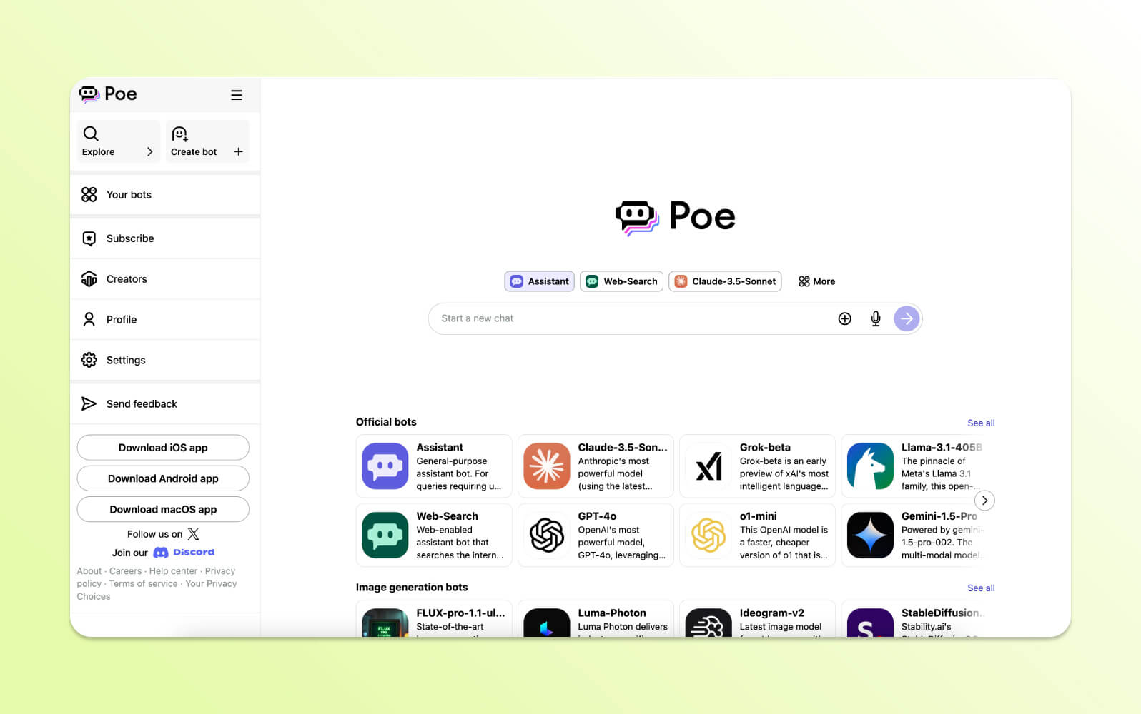 Interfaz de Poe, mostrando varios bots oficiales como Assistant y Claude, un centro para los mejores chatbots con IA.