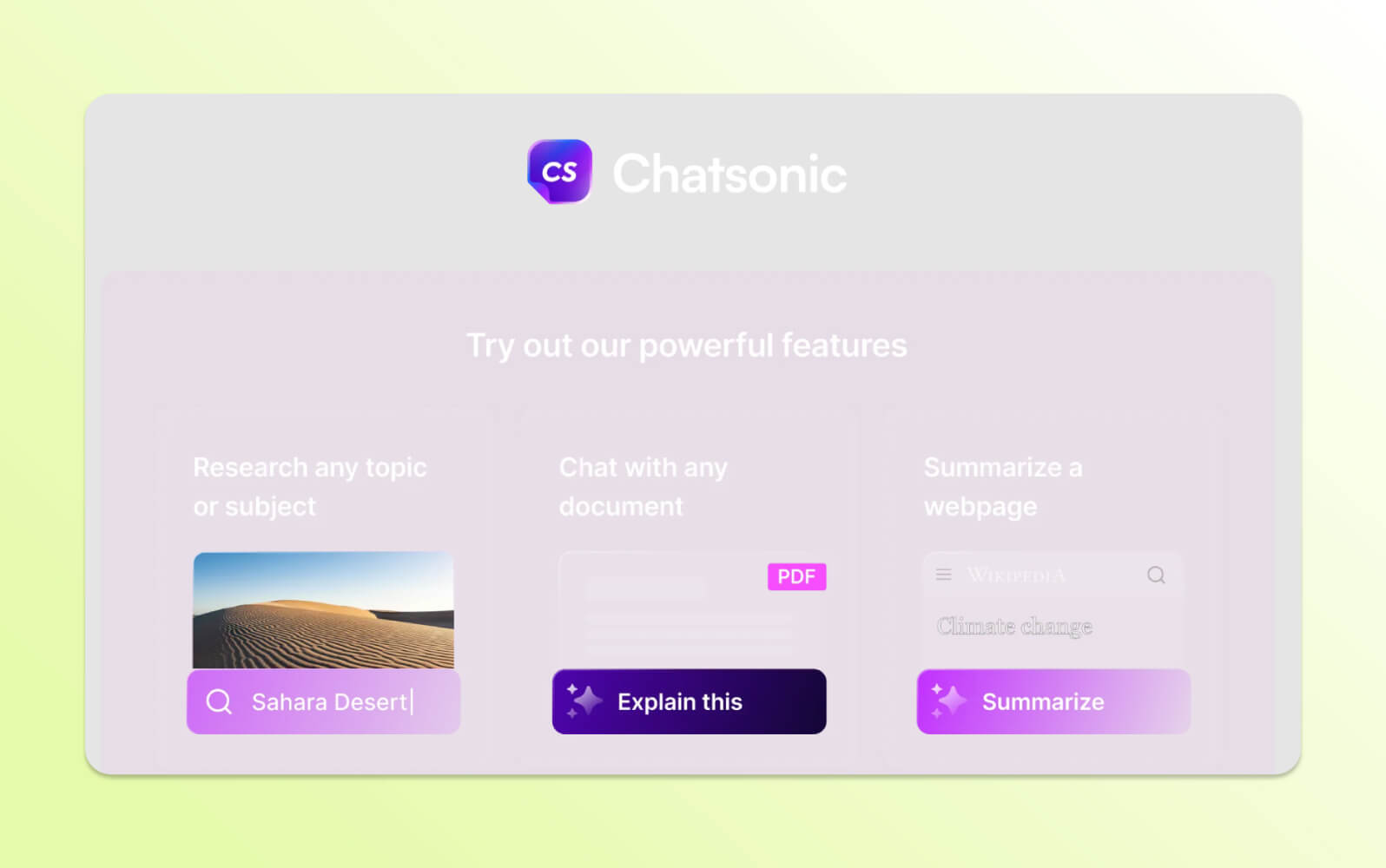 Interfaz de Chatsonic, destacando características para investigación, chat de documentos y resumen de páginas web, un chatbot con IA poderoso.