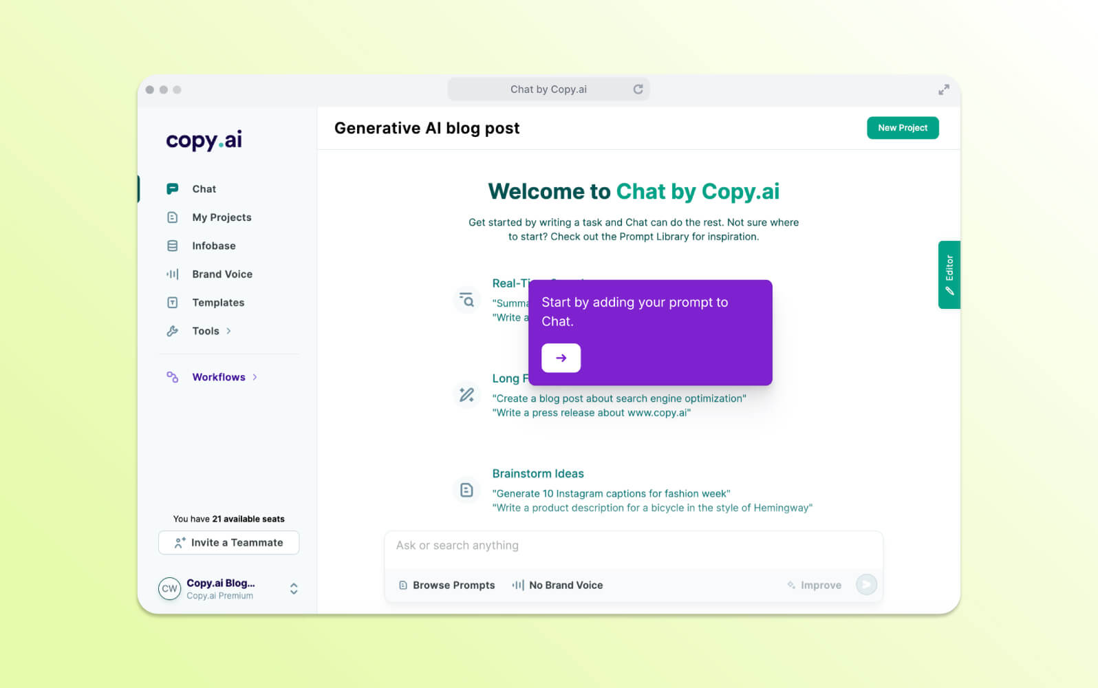 Interfaz de Copy.ai, una plataforma para publicaciones de blog de IA generativa, mostrando chatbots con IA.