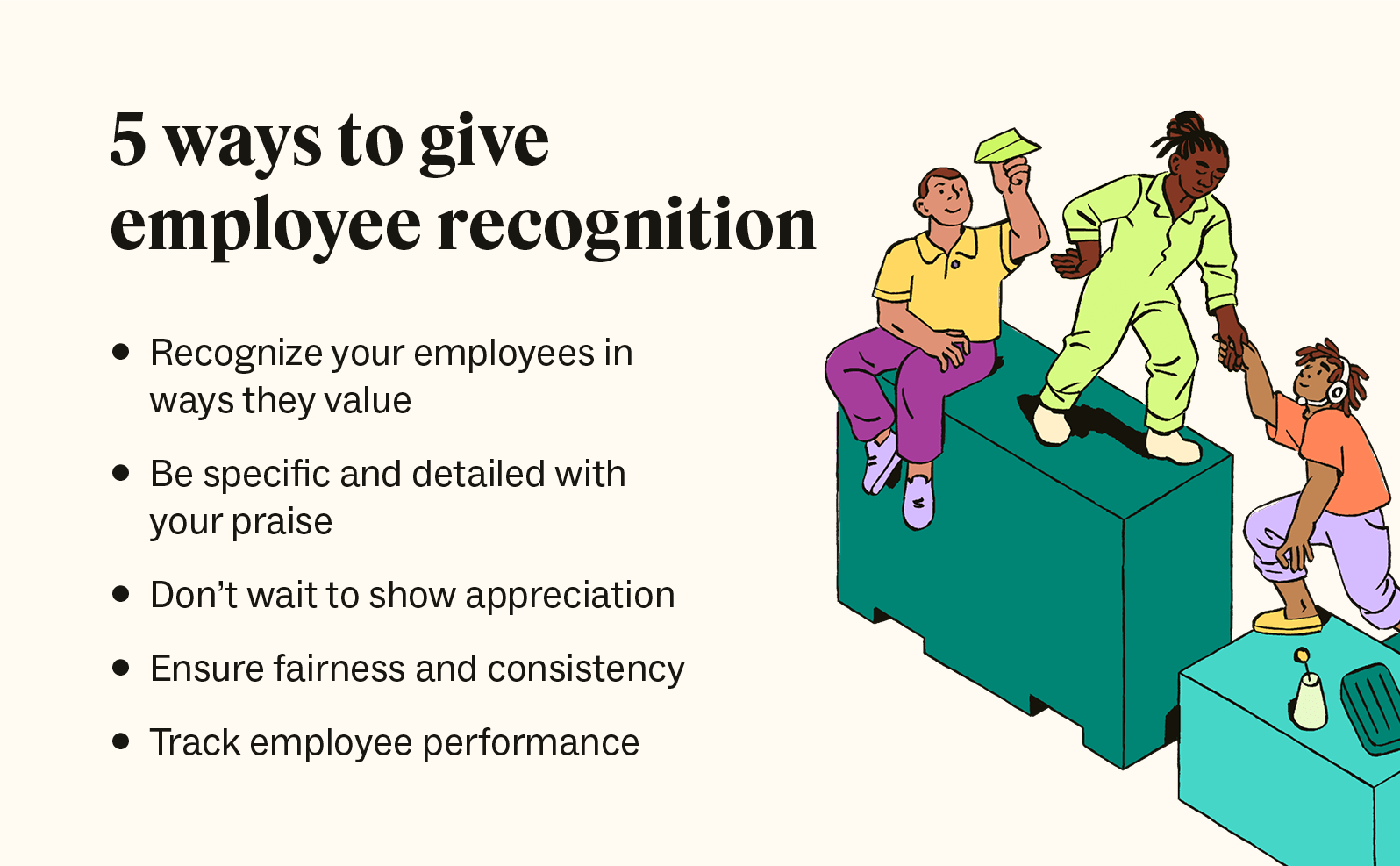 An illustration of happy coworkers accompanies a list of the best ways to give employee recognition.