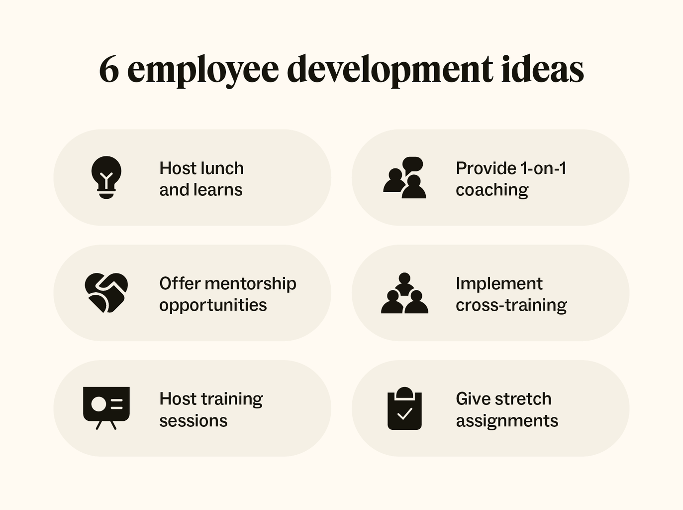 Six icons represent six employee development ideas.