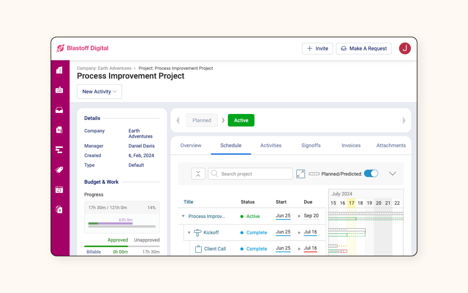 Un dashboard de procesos en Accelo, un software de portal de clientes.