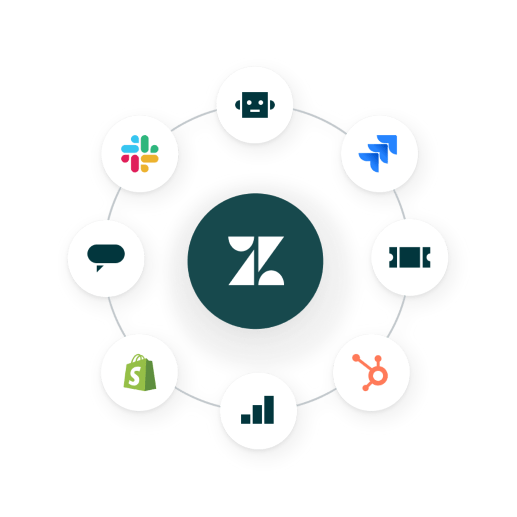 A collection of logos, including Slack and Shopify, represents the wide range of Zendesk-supported apps and integrations.