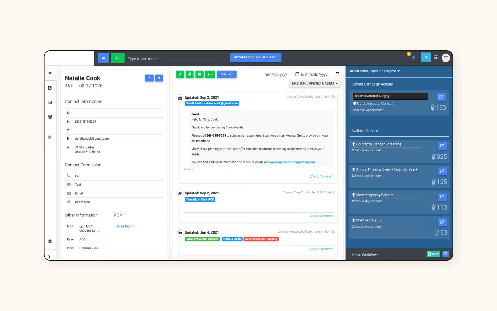 Actium Health’s healthcare CRM interface.