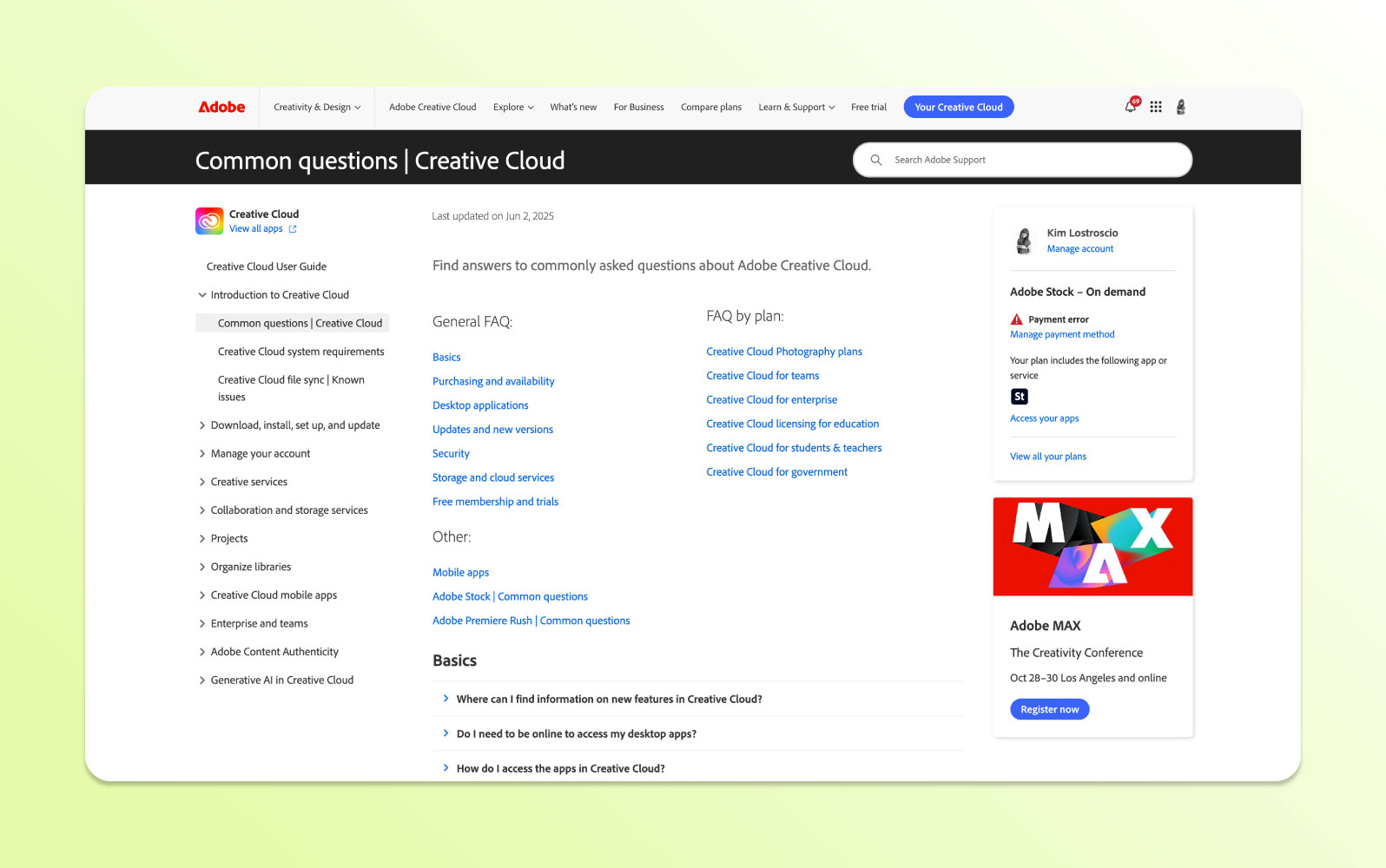 The Adobe Creative Cloud page devoted to frequently asked questions.