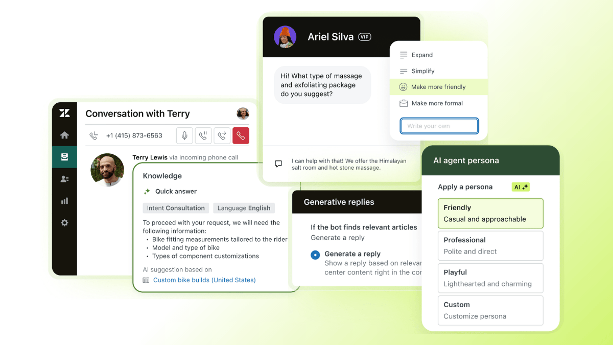 Screenshots of Zendesk’s AI support capabilities, including AI agents, generative replies, and AI knowledge base suggestions.