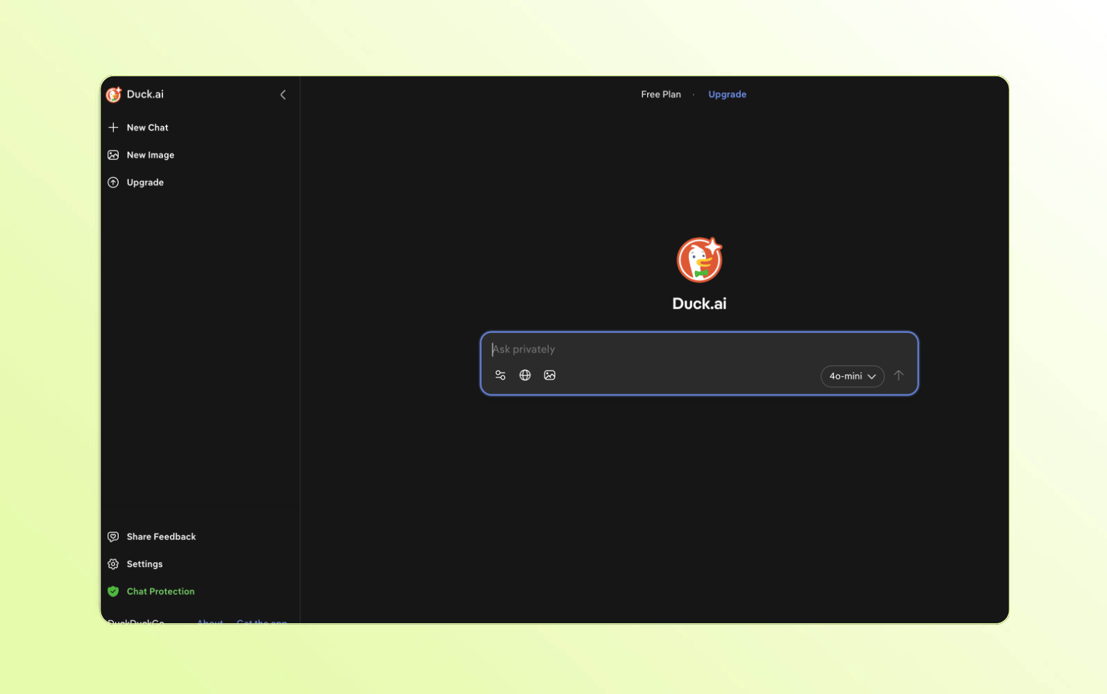 Captura de pantalla de la plataforma de chatbot con IA Duck.ai.