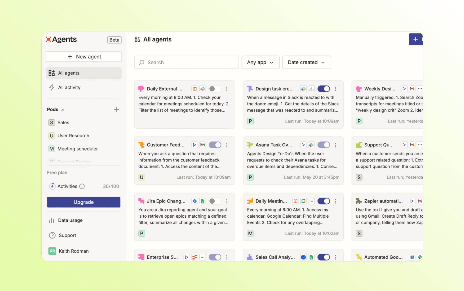 Captura de pantalla de la plataforma de chatbot con IA Zapier Agents.