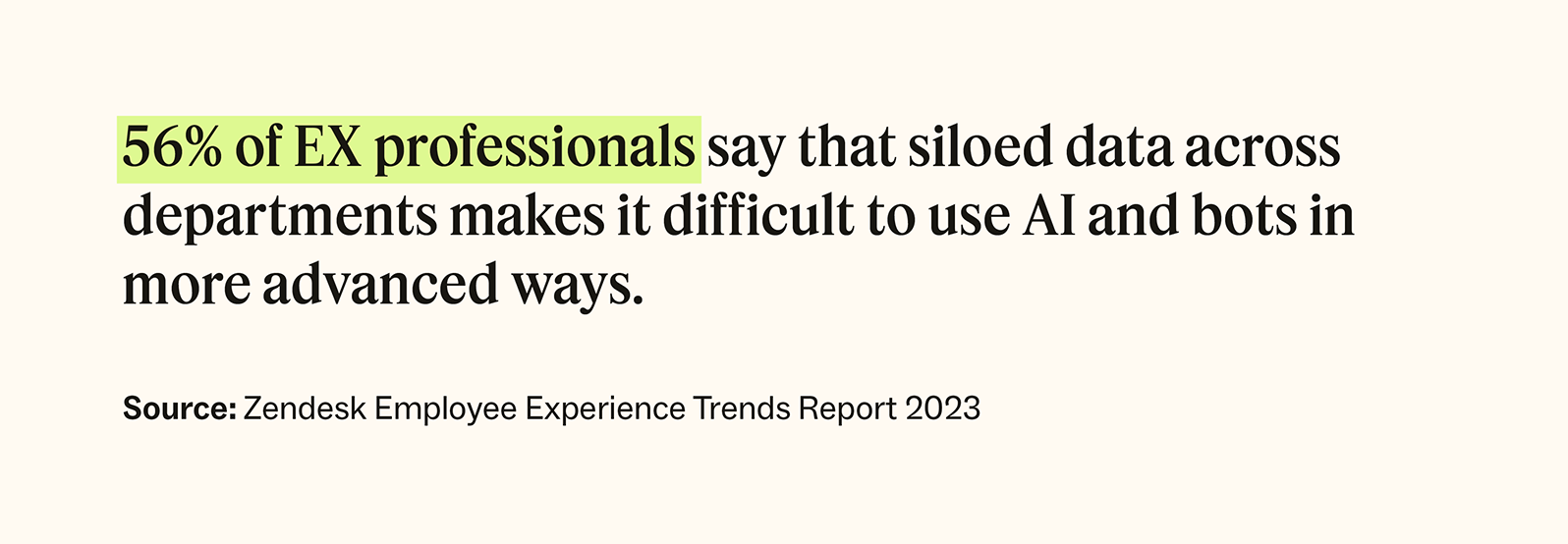 Graphic stating that 56% of EX professionals say that siloed data across departments makes it difficult to use AI and bots in more advanced ways