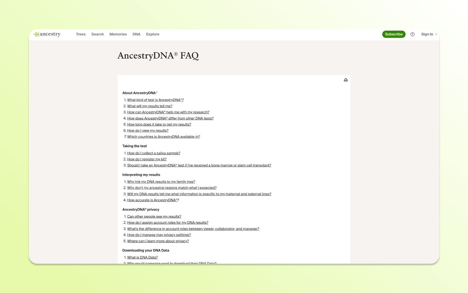 The Ancestry page devoted to frequently asked questions.