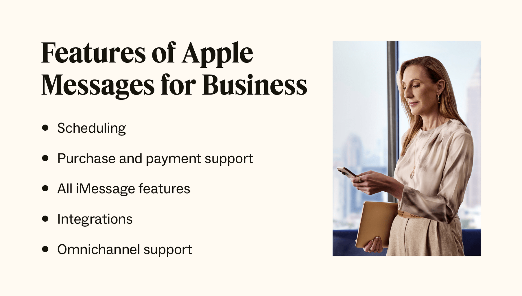 The features of Apple Messages for Business, including integrations, appointment scheduling, and more.