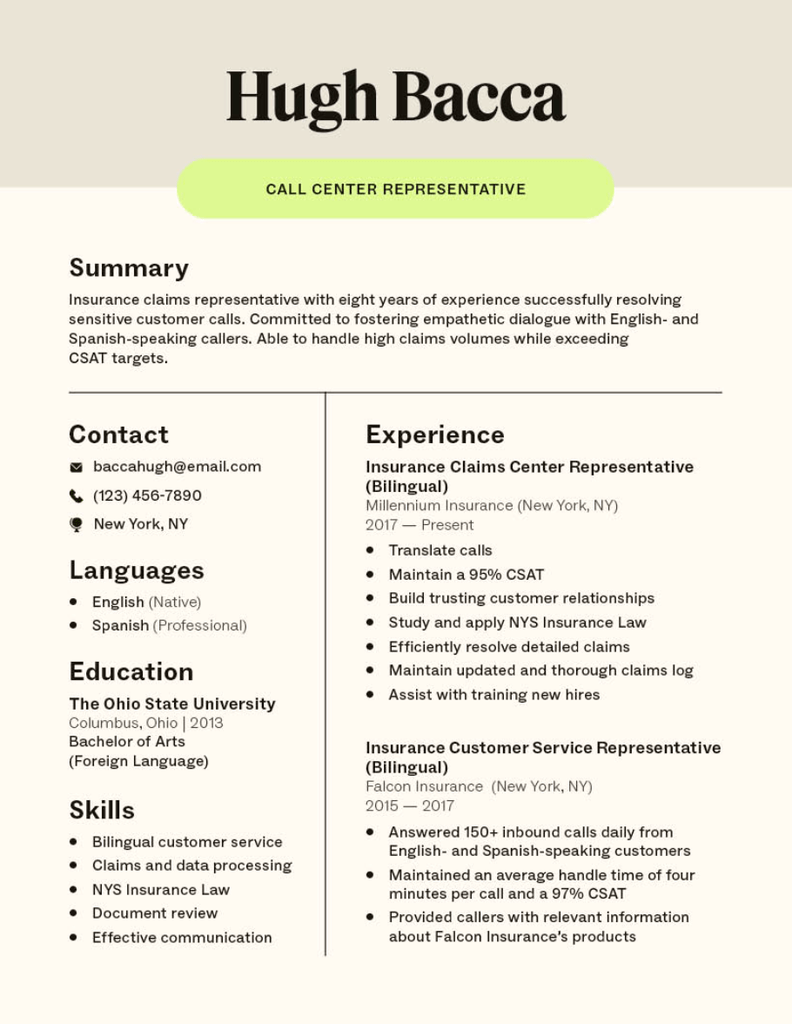 Bilingual call center representative resume template