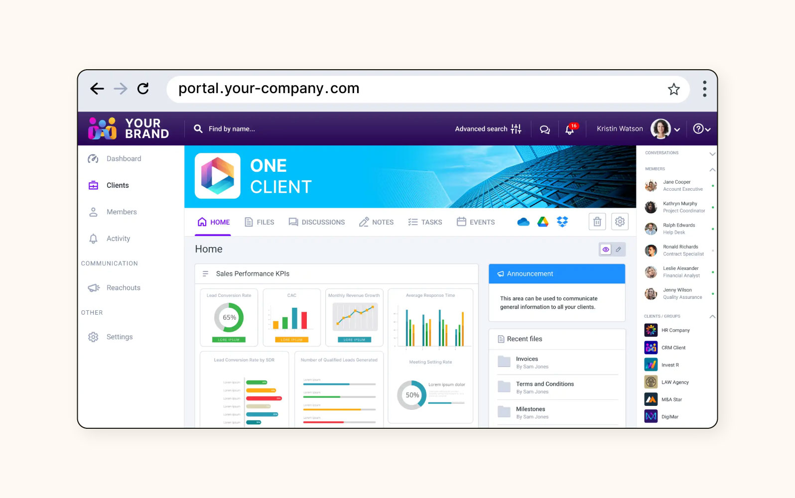 Un mockup del portal en Clinked, un software de portal de clientes.