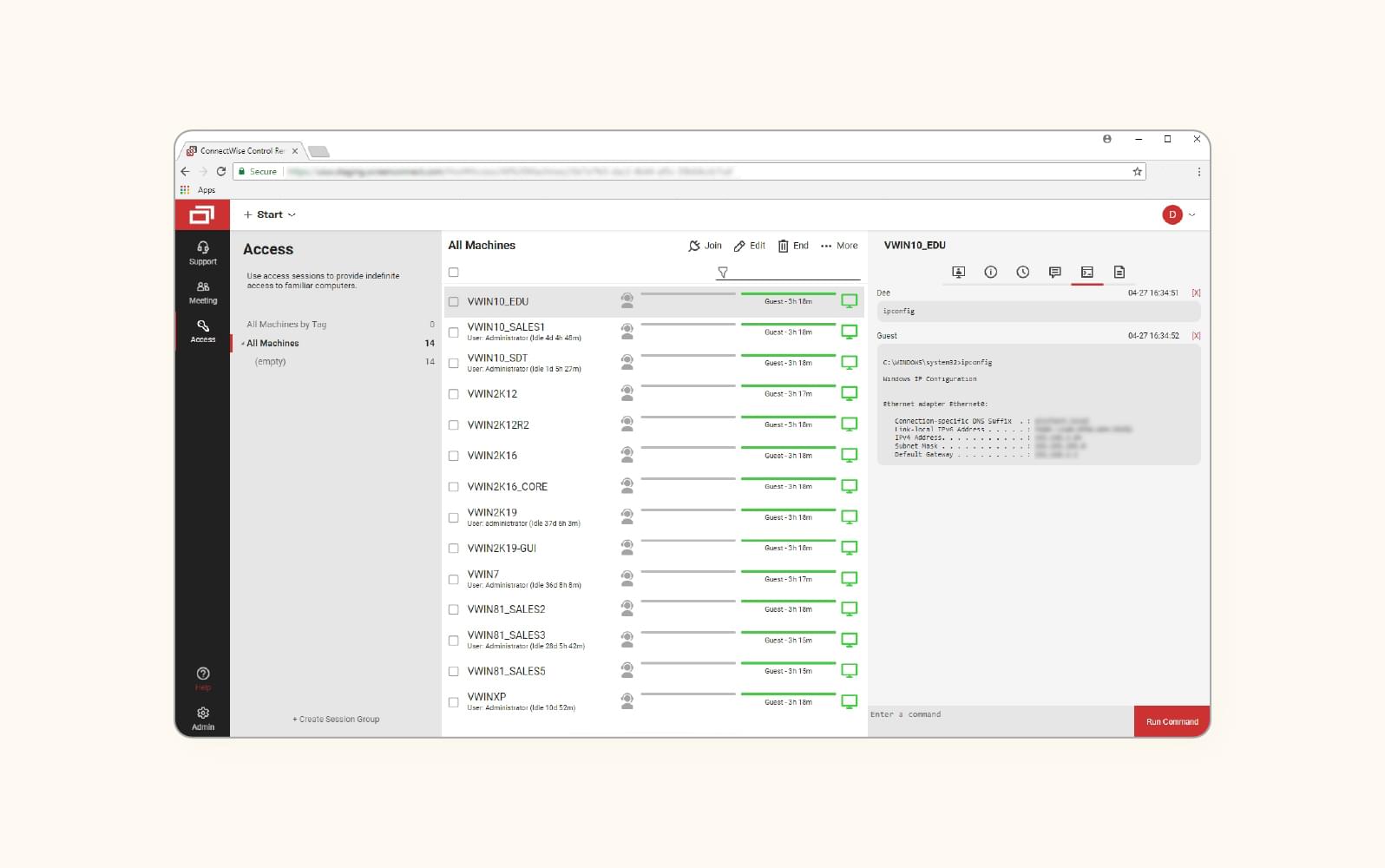 A screenshot showcases a list of accessible devices on ConnectWise ScreenConnect Support, a remote support software.