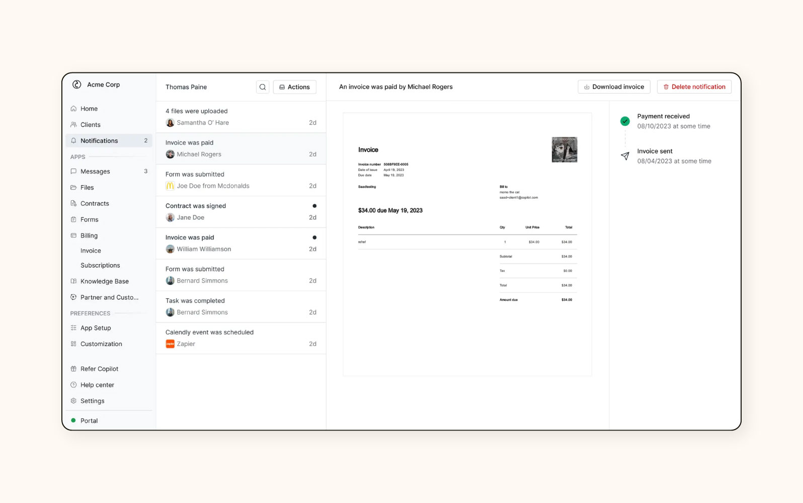 El Notification Center en Assembly, un software de portal de clientes.