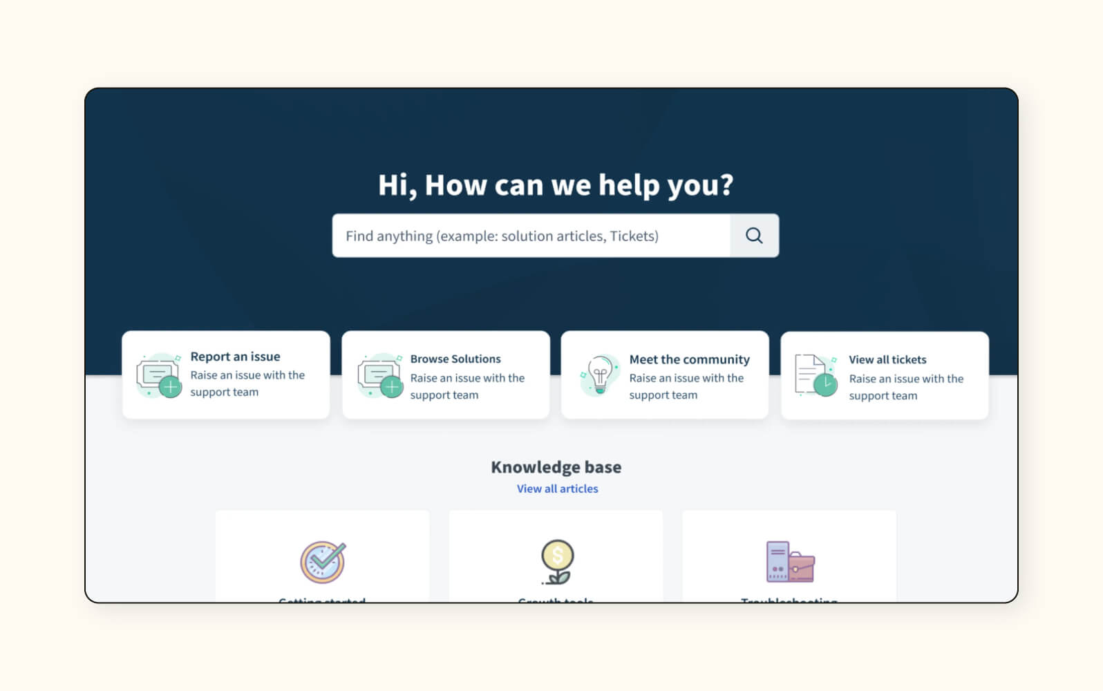A knowledge base mockup in Freshdesk, a customer self-service portal.