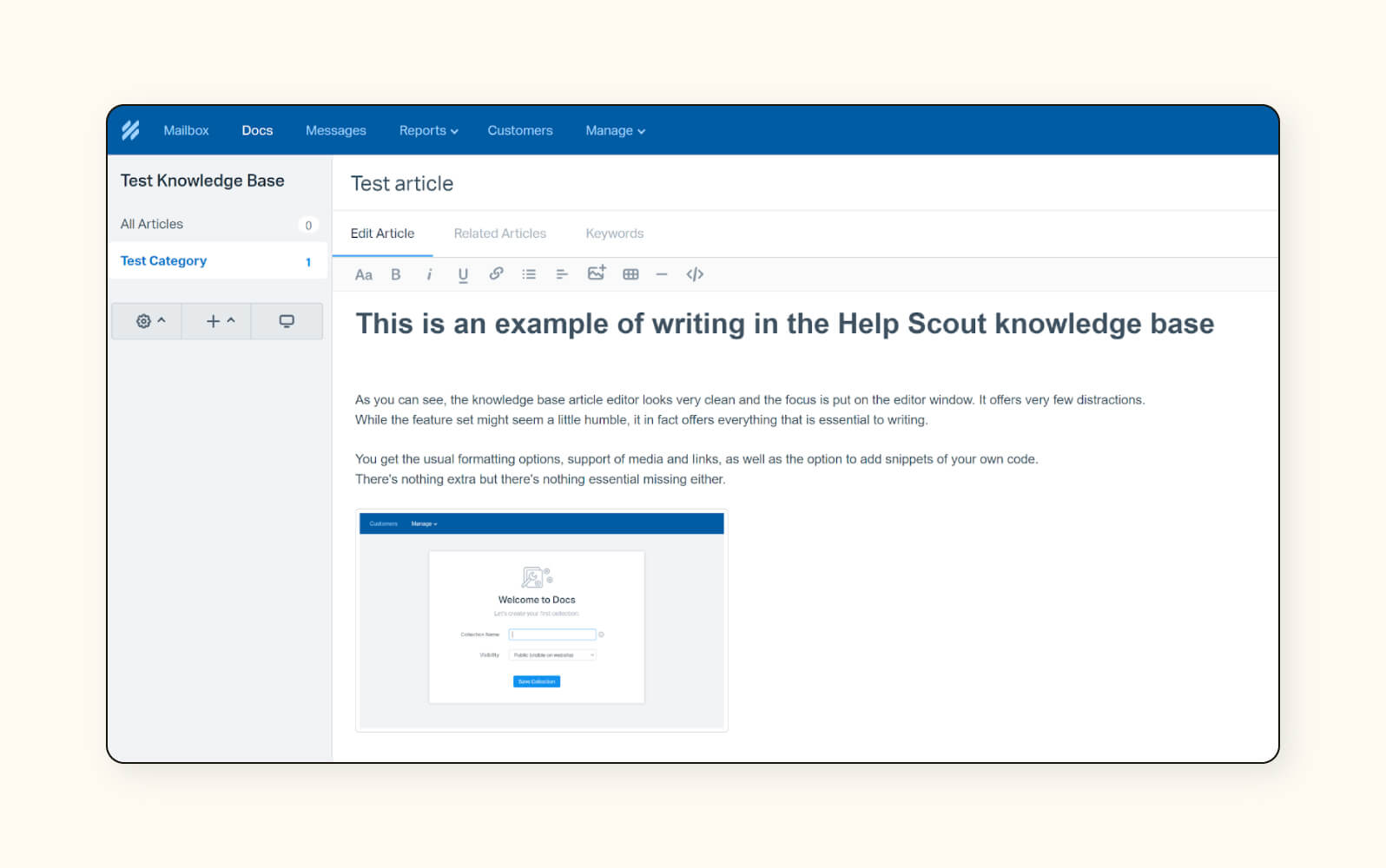 A test knowledge base in Help Scout, a customer self-service portal.