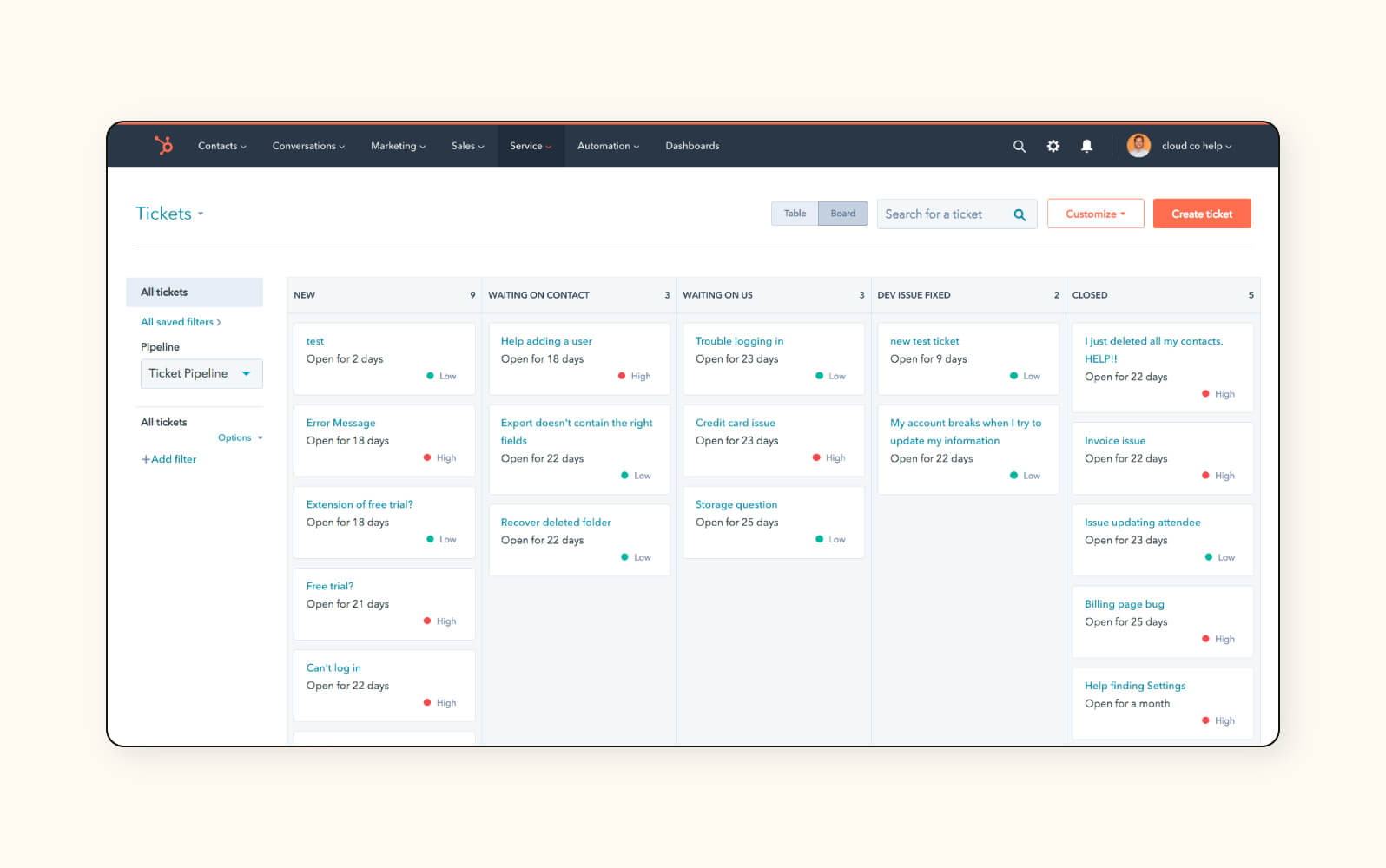 A ticket dashboard in HubSpot Service Hub, a customer self-service portal.