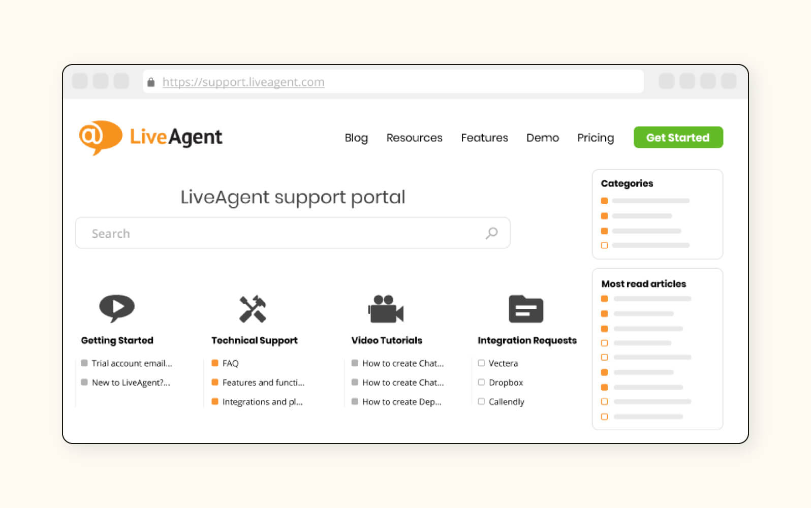 A support portal in LiveAgent, a customer self-service portal.
