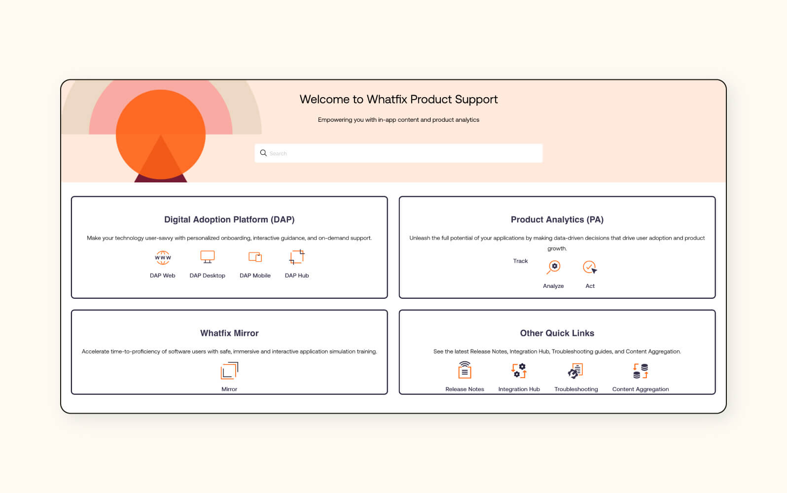 A product support tab in Whatfix, a customer self-service portal.