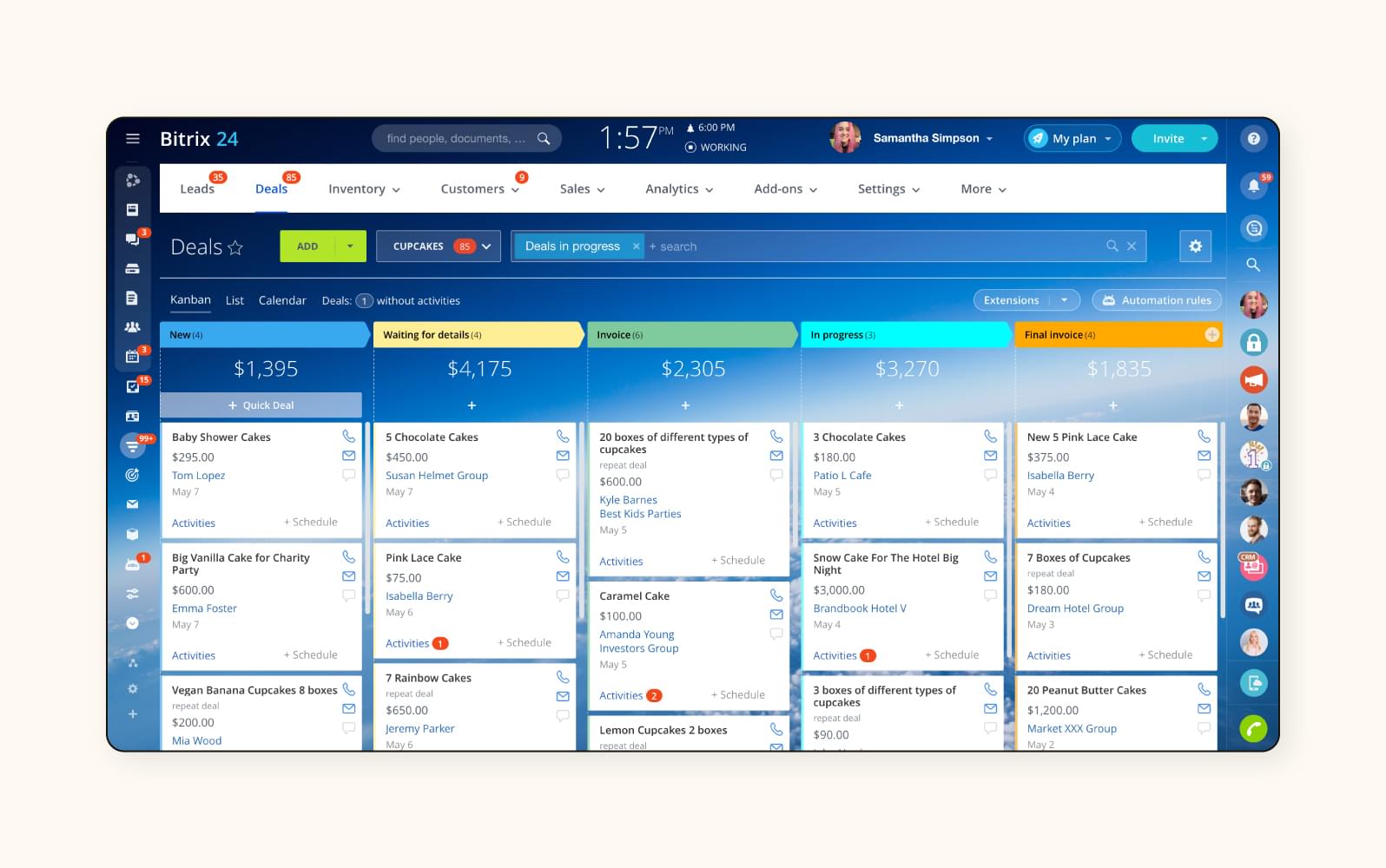 A scheduling interface in Bitrix24, a customer service software.