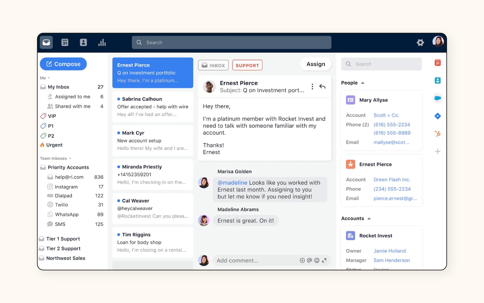 An inbox in Front, a customer service software.