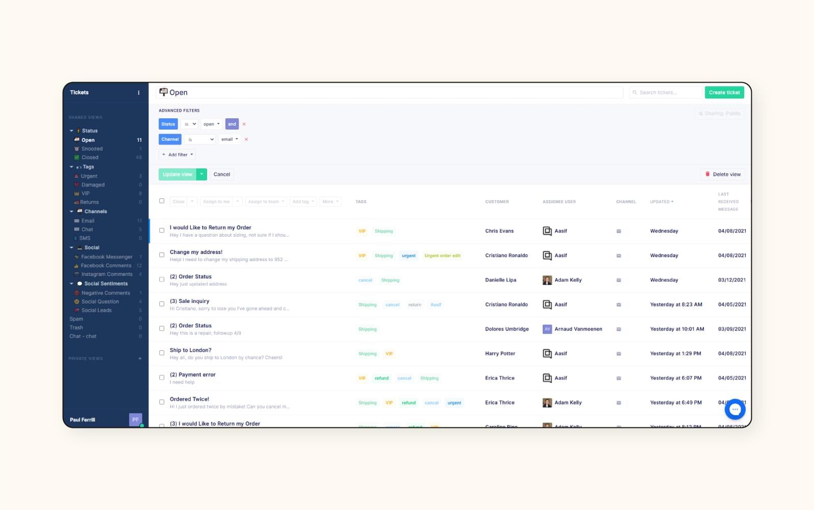 A ticketing dashboard in Gorgias, a customer service software.