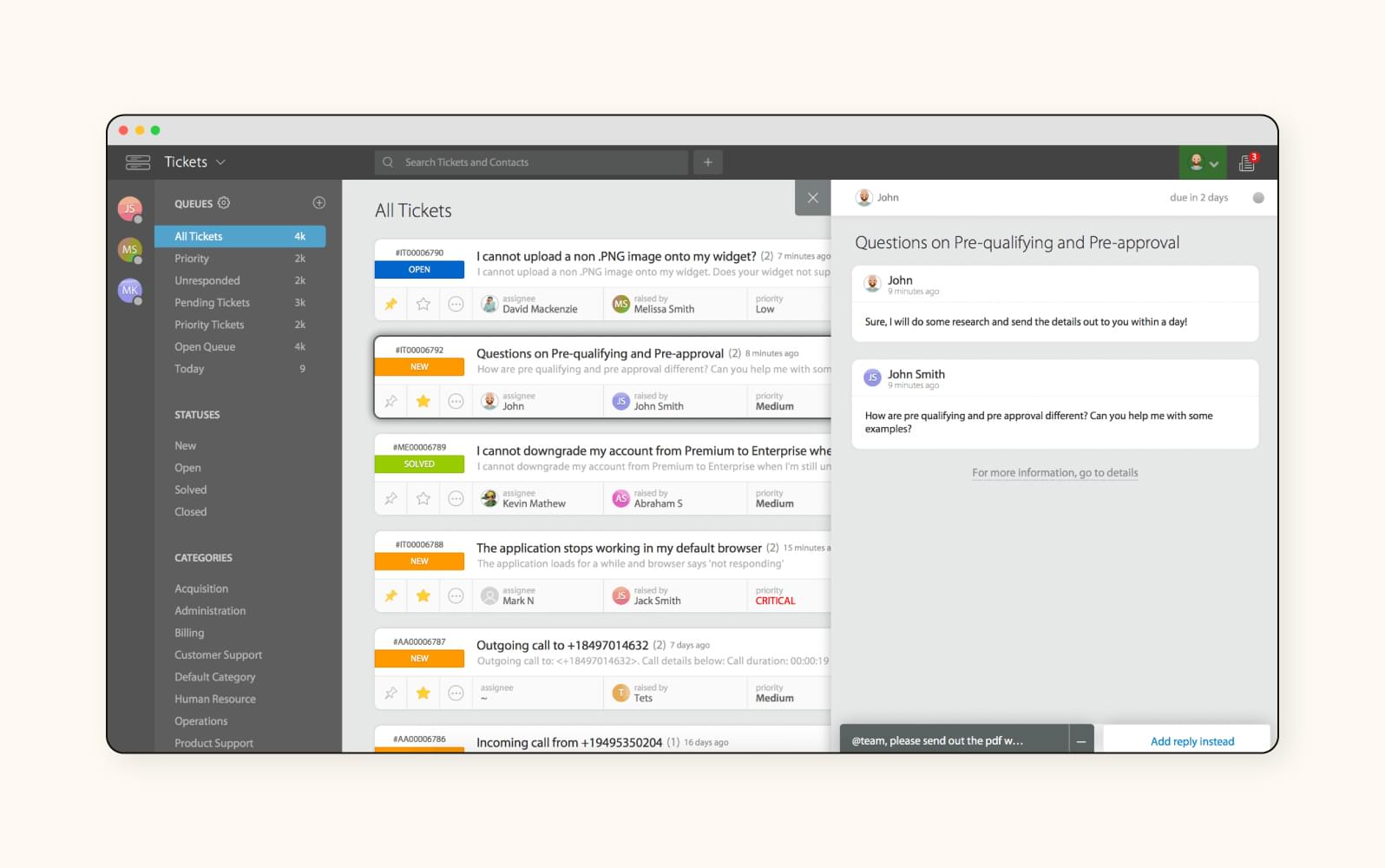 A tickets dashboard in HappyFox, a customer service software.
