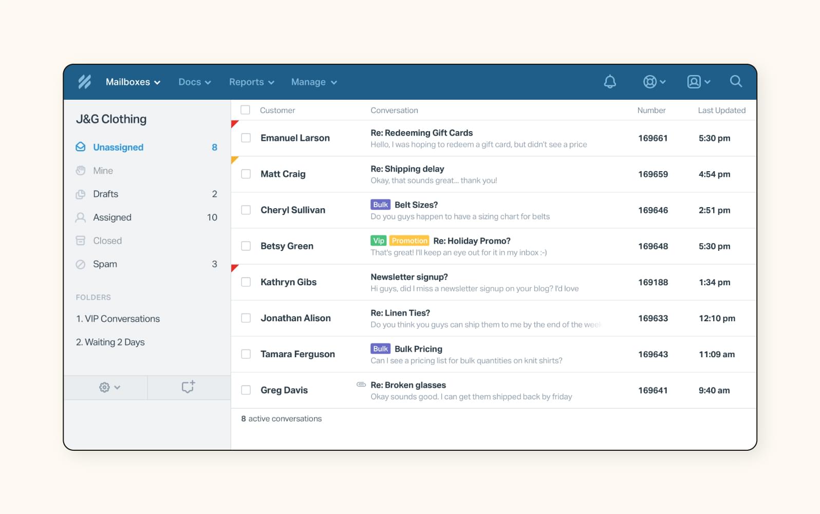 A mailbox mockup in Help Scout, a customer service software.