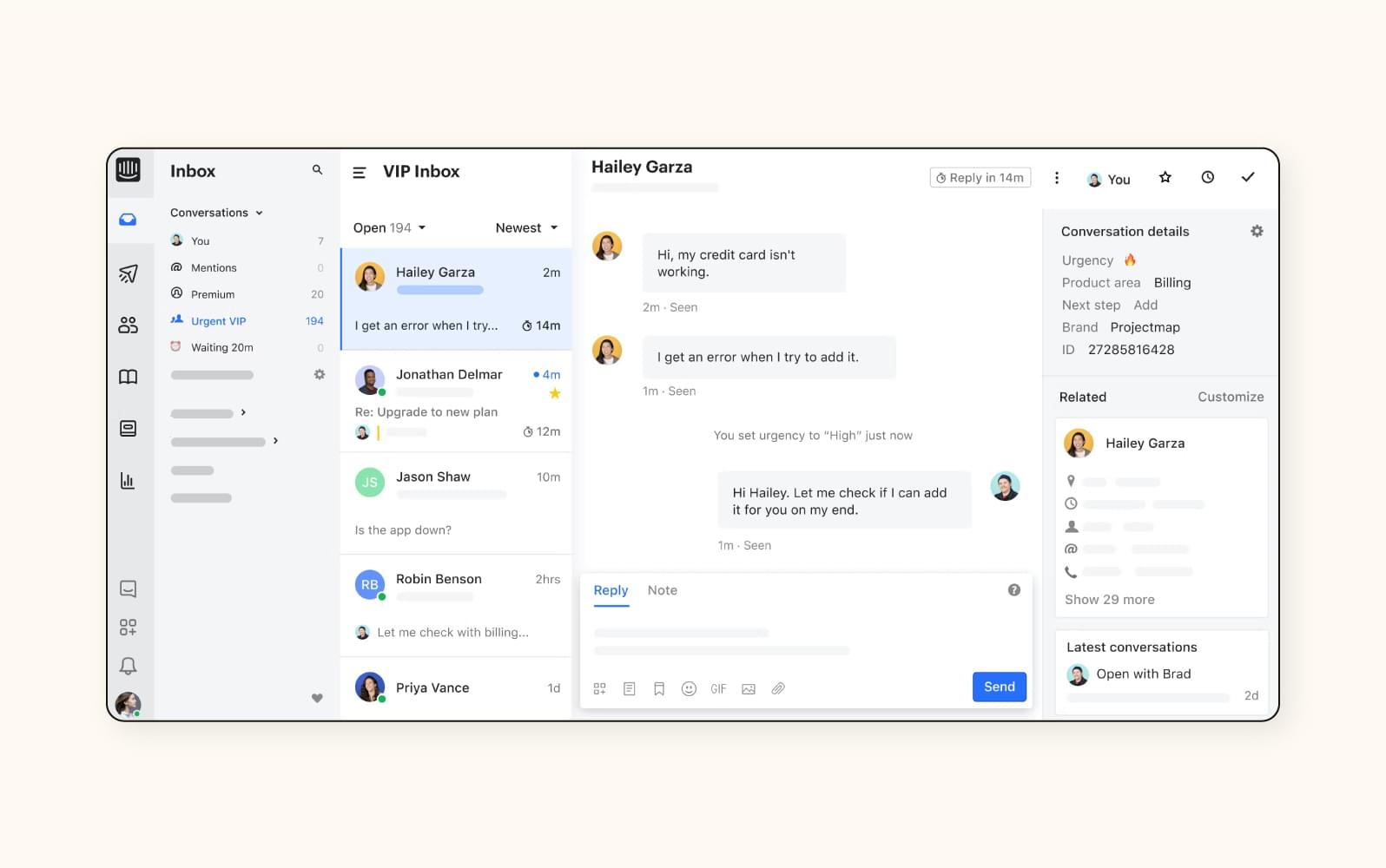 A VIP inbox in Intercom, a customer service software.