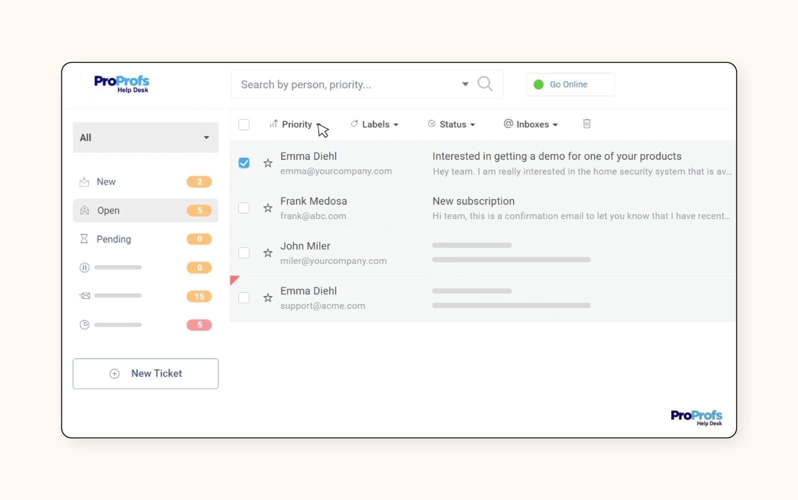 An inbox in ProProfs, a customer service software.