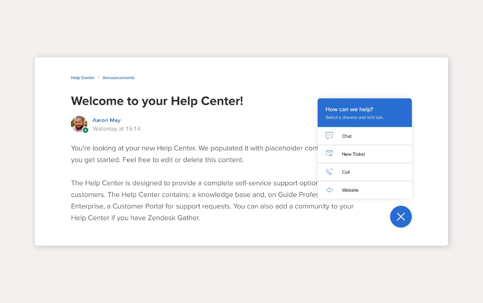A screenshot of the Zendesk customer self-service portal.