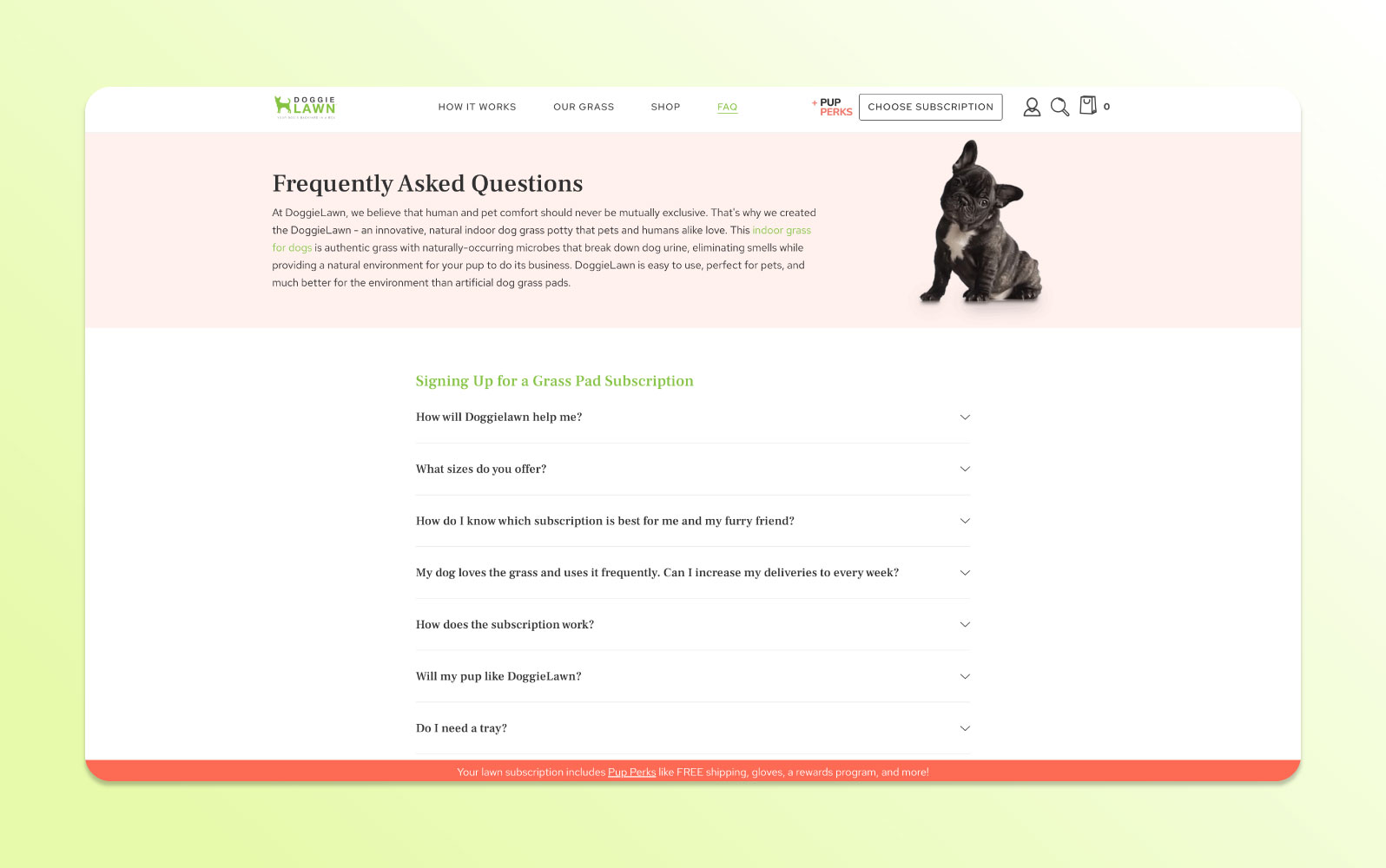 The DoggieLawn page devoted to frequently asked questions.
